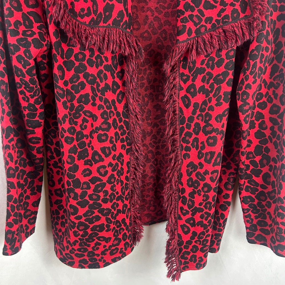 Chico's Red Black Leopard Cheetah Print Fringe Cardigan Sweater Size 3 XL Wool - Picture 4 of 7